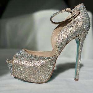 Betsey Johnson SB-Kiss Champagne Rhinestone Peep Toe Platform Heels